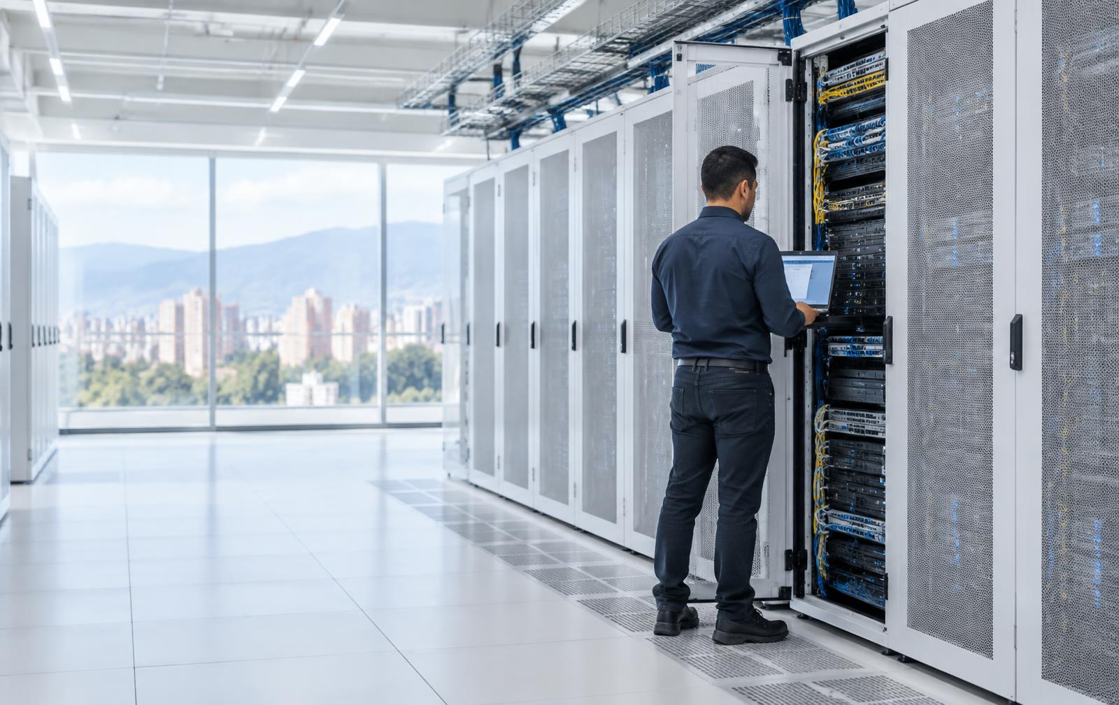 Especialista de infraestructura trabajando en un centro de datos moderno